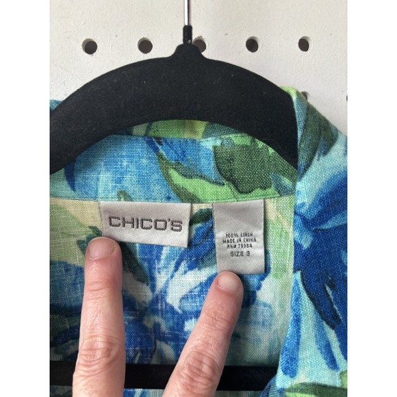 Chicos Women's Button Up Shirt XL (3) Linen Summer Vacation Floral Short Sleeve - Picture 2 of 6